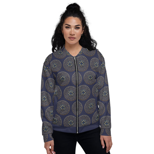 Unisex Bomber Jacket Kukloso Mandala No 57 A Gold on Navy Free Shipping