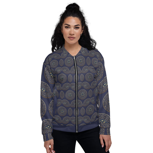 Unisex Bomber Jacket Kukloso Mandala No 57 B Gold on Navy Free Shipping