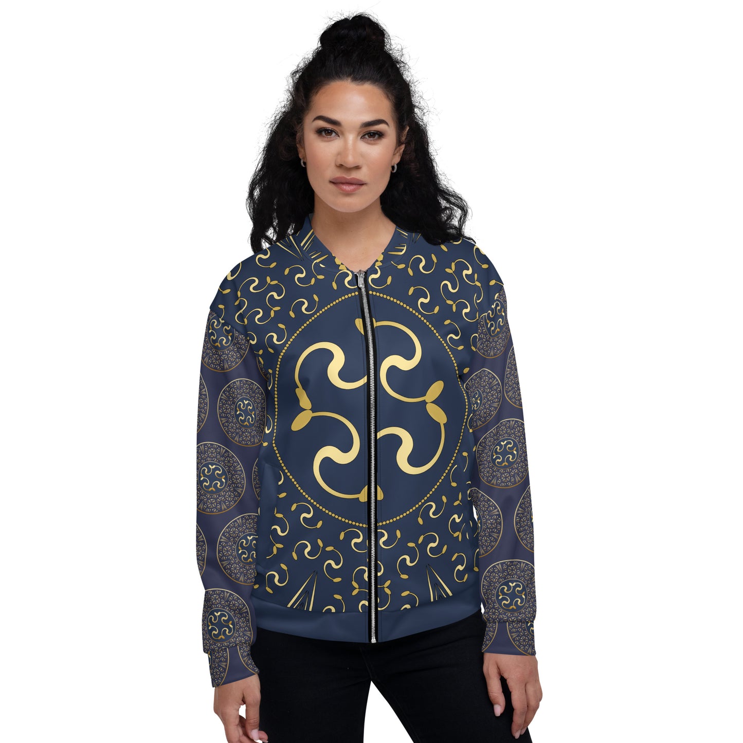 Unisex Bomber Jacket Kukloso Mandala No 57 C Gold on Navy Free Shipping