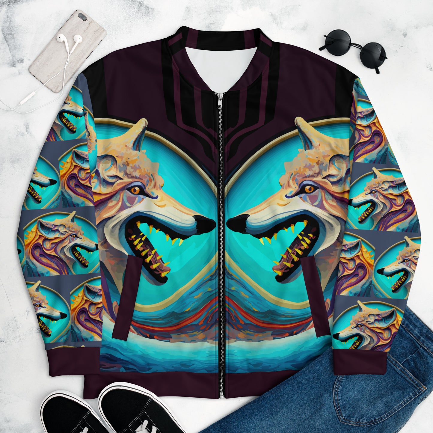 Unisex Bomber Jacket Kukloso Wolves in Liquid Color No 1 A - Free Shipping