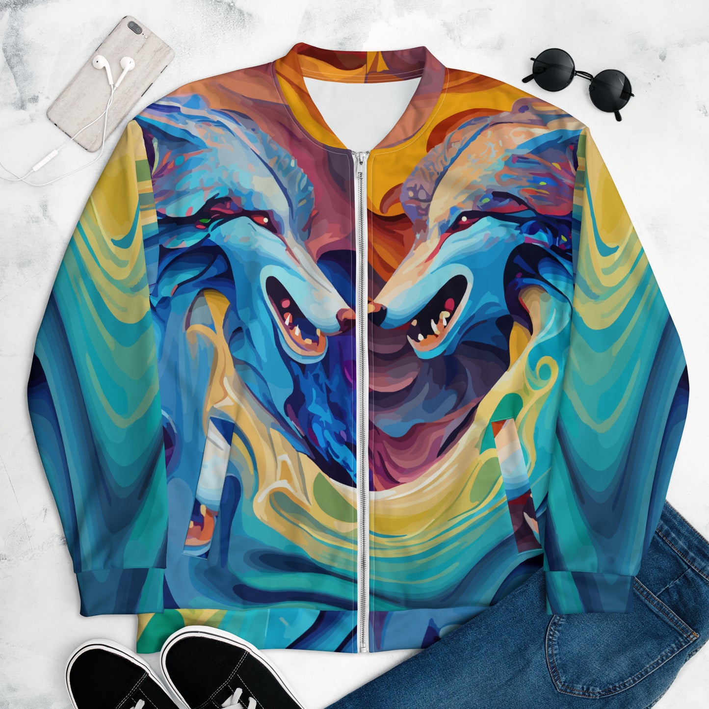 Unisex Bomber Jacket Kukloso Wolves in Liquid Color No 4 - Free Shipping