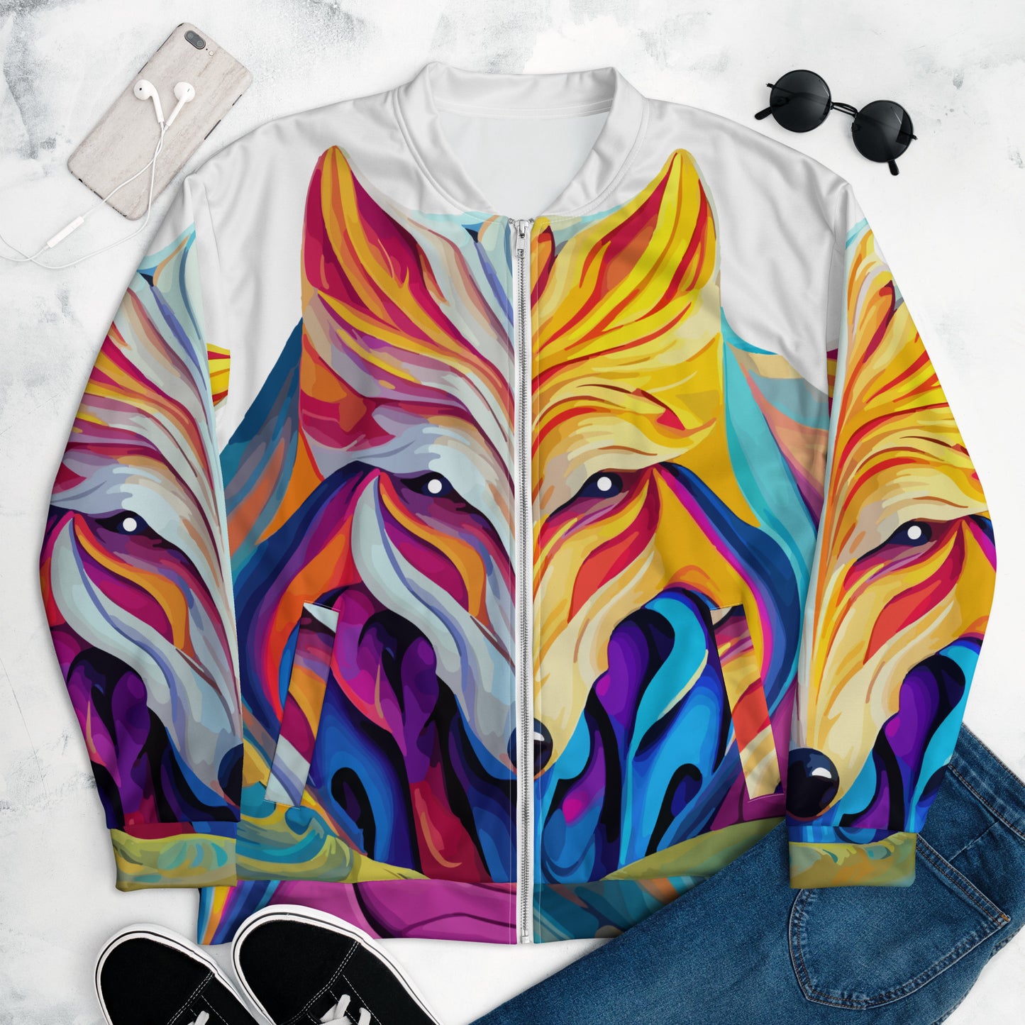 Unisex Bomber Jacket Kukloso Wolves in Liquid Color No 5 - Free Shipping