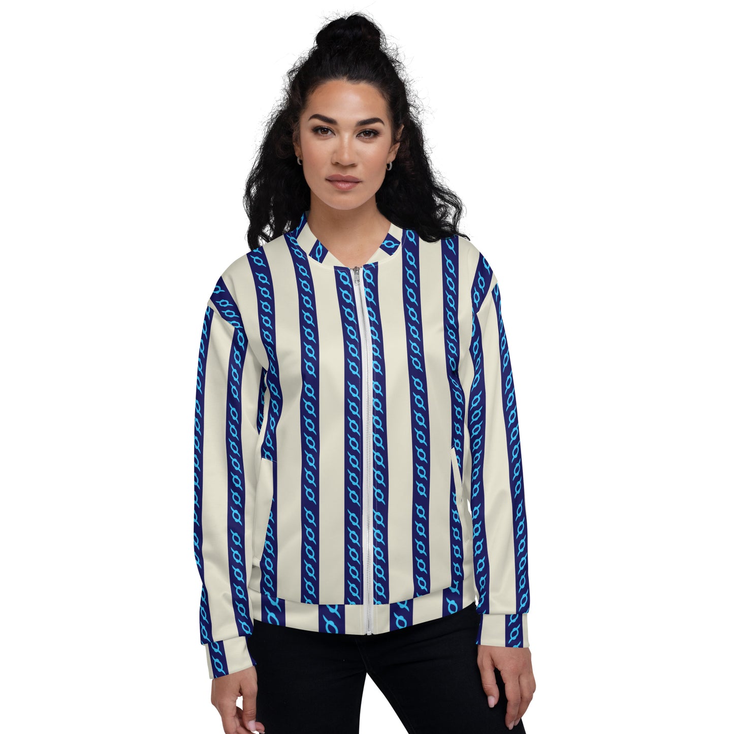 Unisex Bomber Jacket  Kukloso Fleuron Stripe No 3 Navy/Cream - Free Shipping