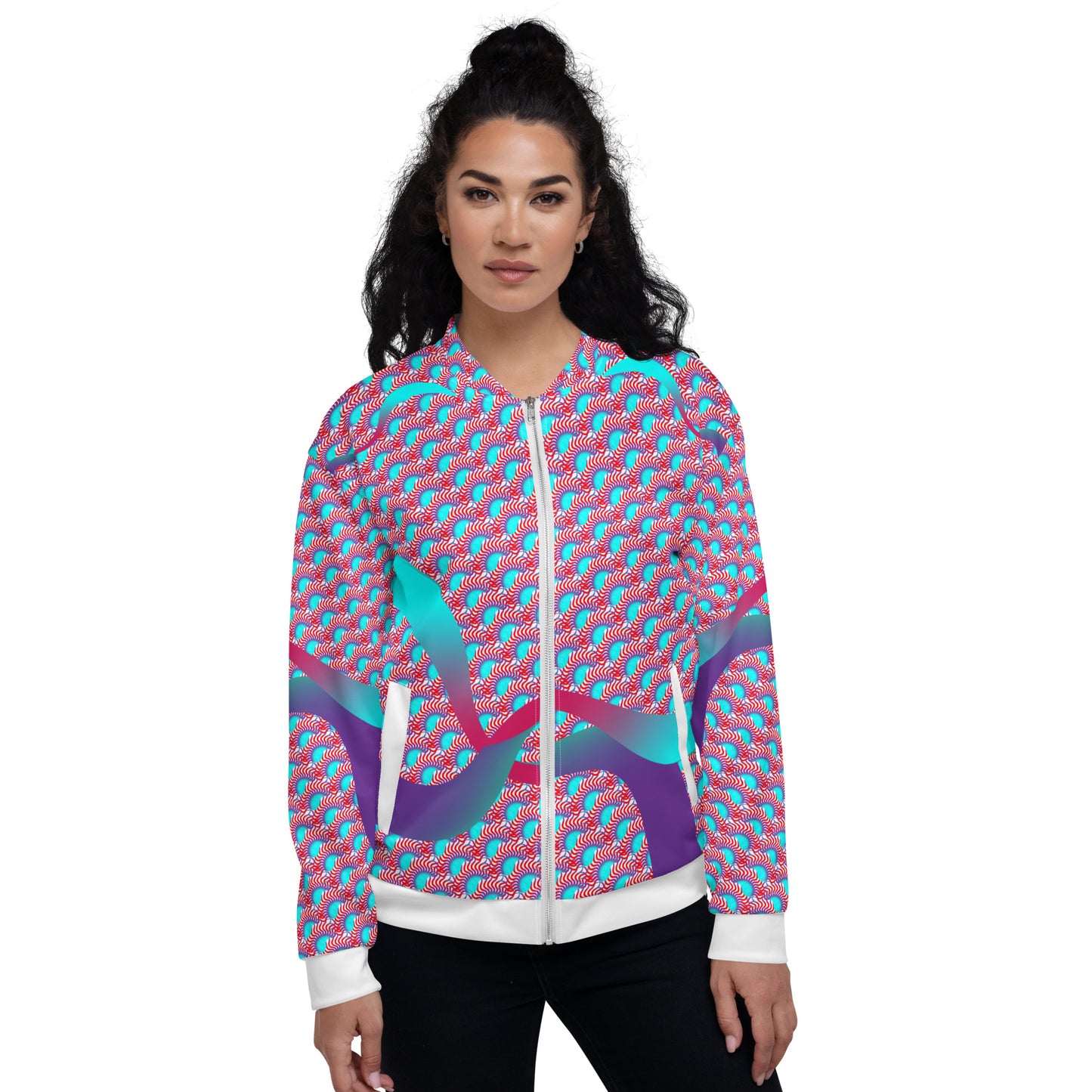 Unisex Bomber Jacket Kukloso Turquoise/Red Maze No 2 - Free Shipping