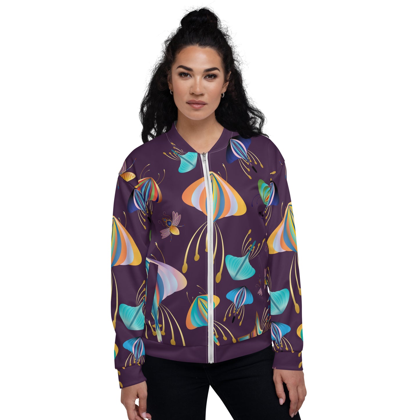 Unisex Bomber Jacket Kukloso Bees, Moths, Butterflies on Dark Purple - Free Shipping