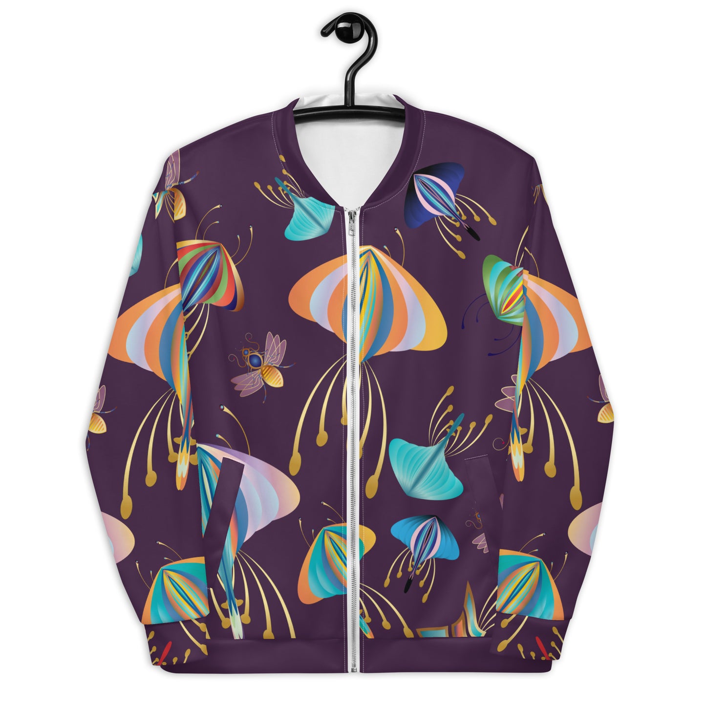 Unisex Bomber Jacket Kukloso Bees, Moths, Butterflies on Dark Purple - Free Shipping