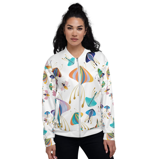 Unisex Bomber Jacket Kukloso Bees, Moths, Butterflies on White - Free Shipping