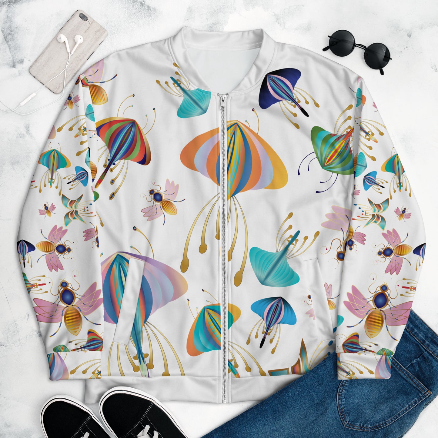 Unisex Bomber Jacket Kukloso Bees, Moths, Butterflies on White - Free Shipping