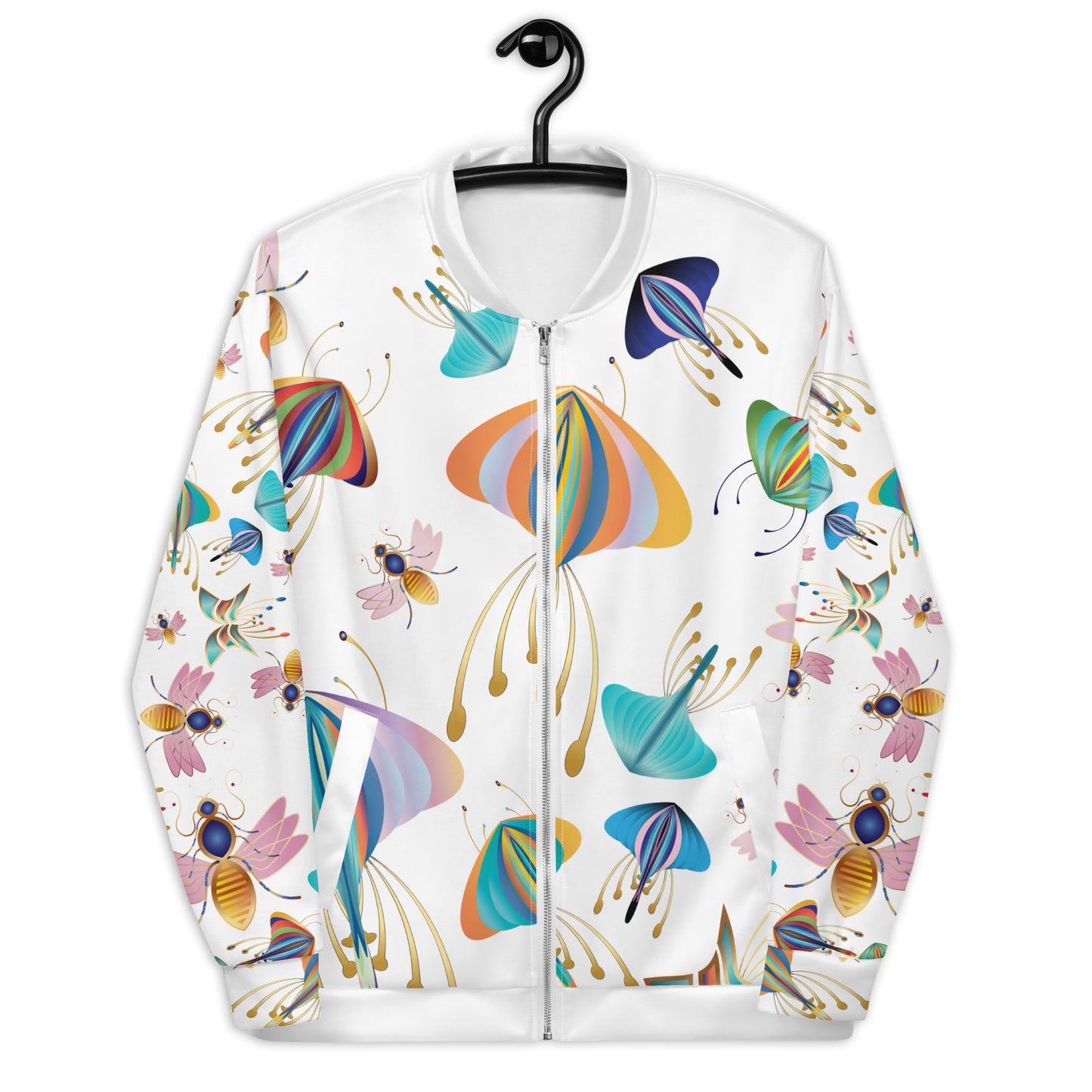 Unisex Bomber Jacket Kukloso Bees, Moths, Butterflies on White - Free Shipping