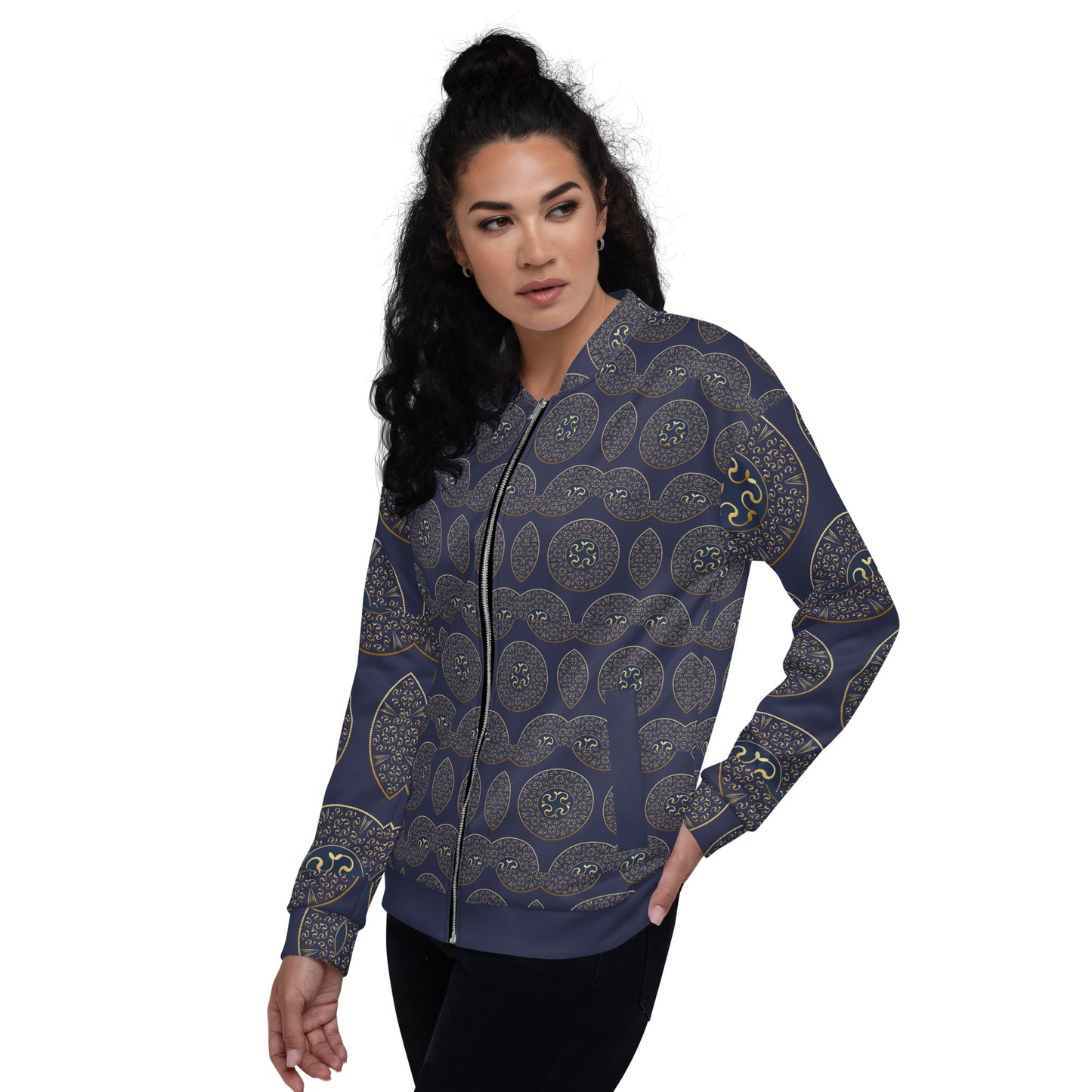 Unisex Bomber Jacket Kukloso Mandala No 57 B Gold on Navy Free Shipping