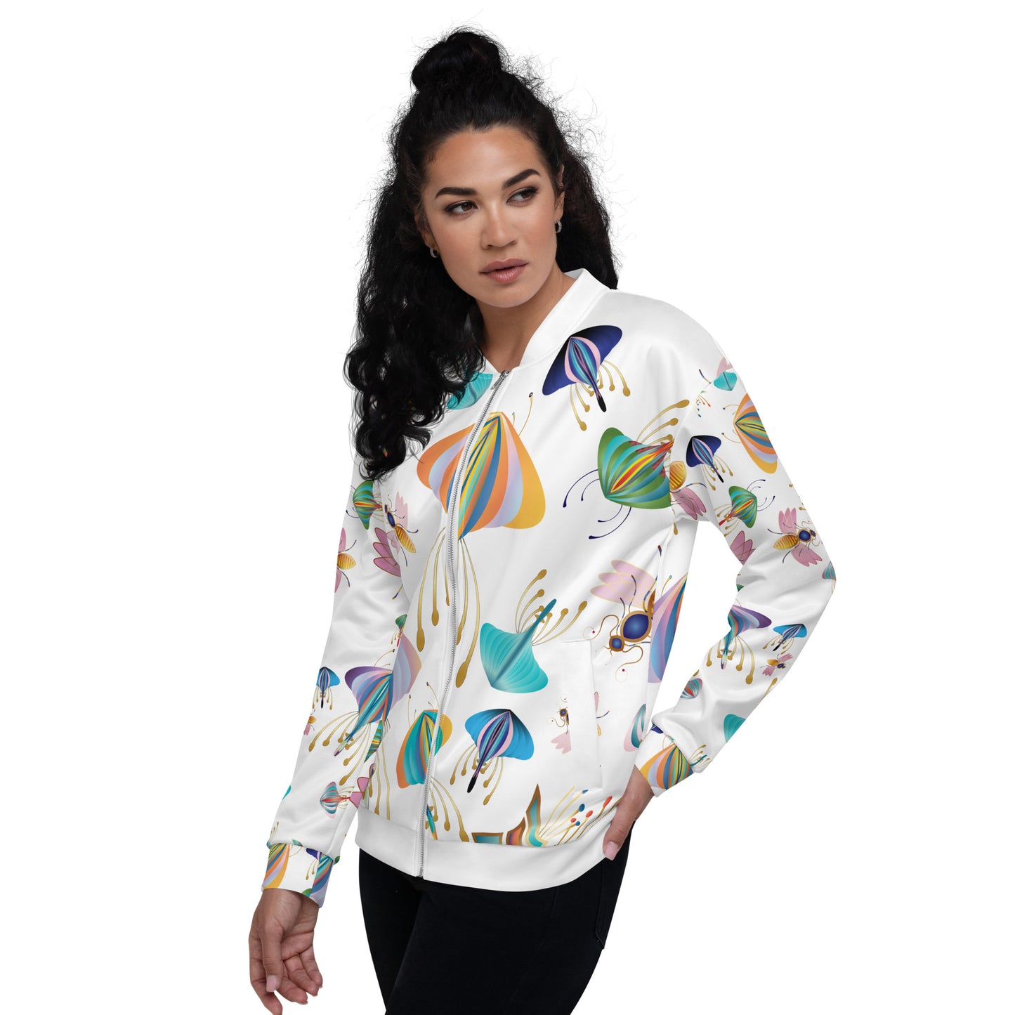 Unisex Bomber Jacket Kukloso Bees, Moths, Butterflies on White - Free Shipping