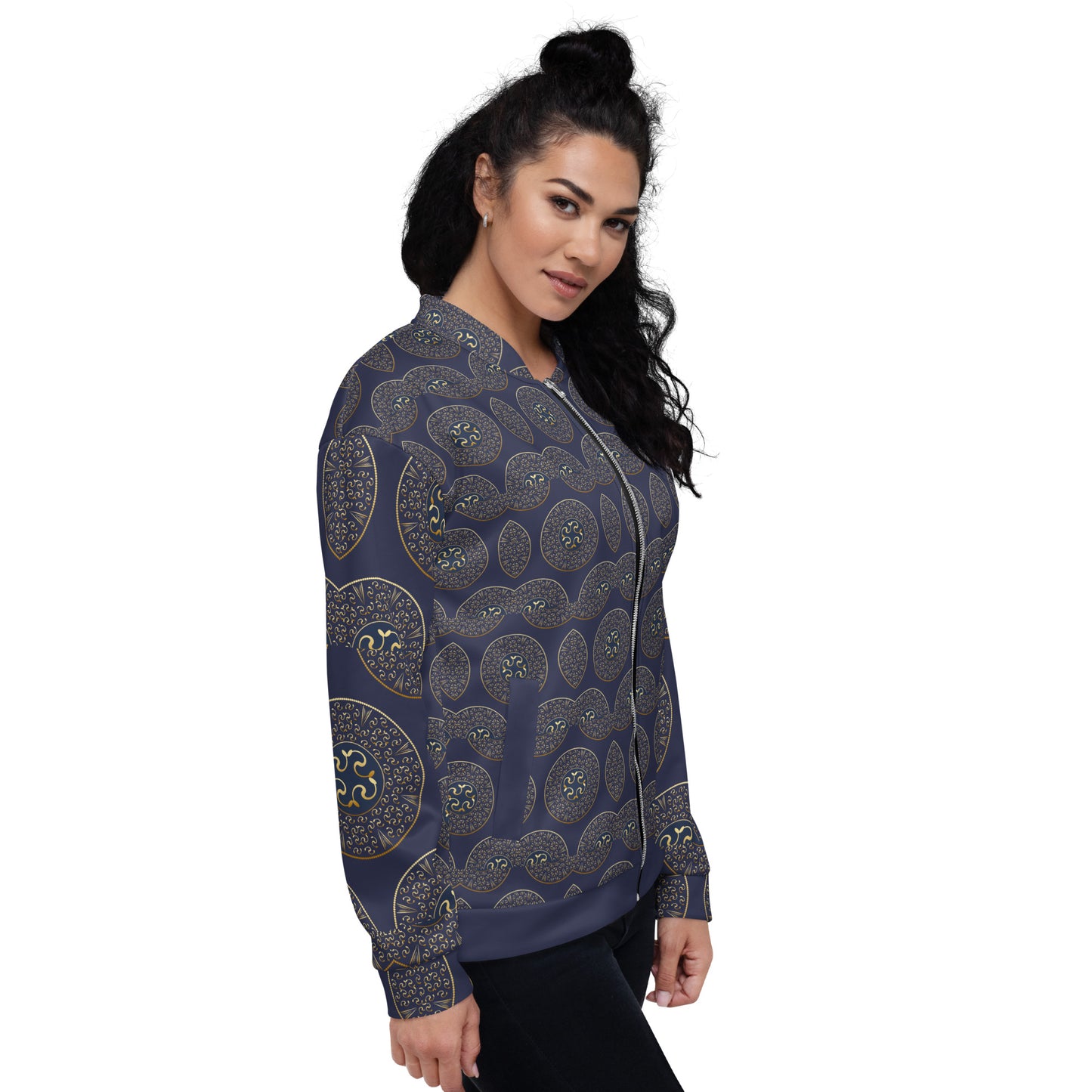 Unisex Bomber Jacket Kukloso Mandala No 57 B Gold on Navy Free Shipping