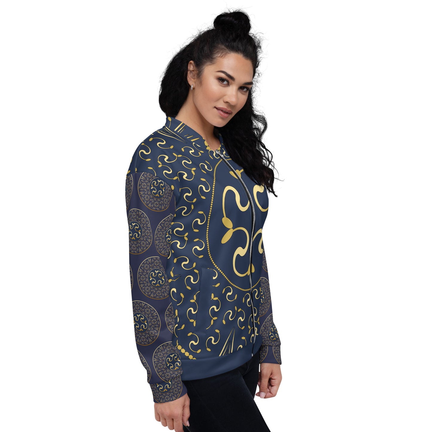 Unisex Bomber Jacket Kukloso Mandala No 57 C Gold on Navy Free Shipping