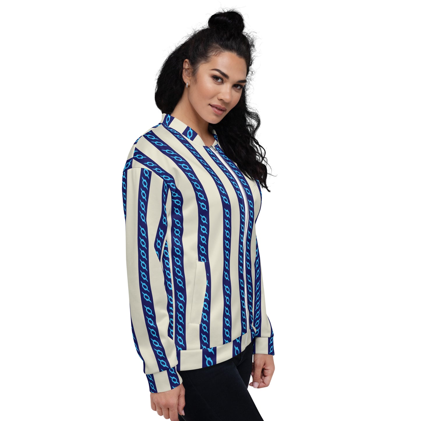 Unisex Bomber Jacket  Kukloso Fleuron Stripe No 3 Navy/Cream - Free Shipping