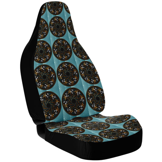 Car Seat Cover - AOP  Kukloso No 155 Mandala design, Aqua-Black on Black - Free Shipping