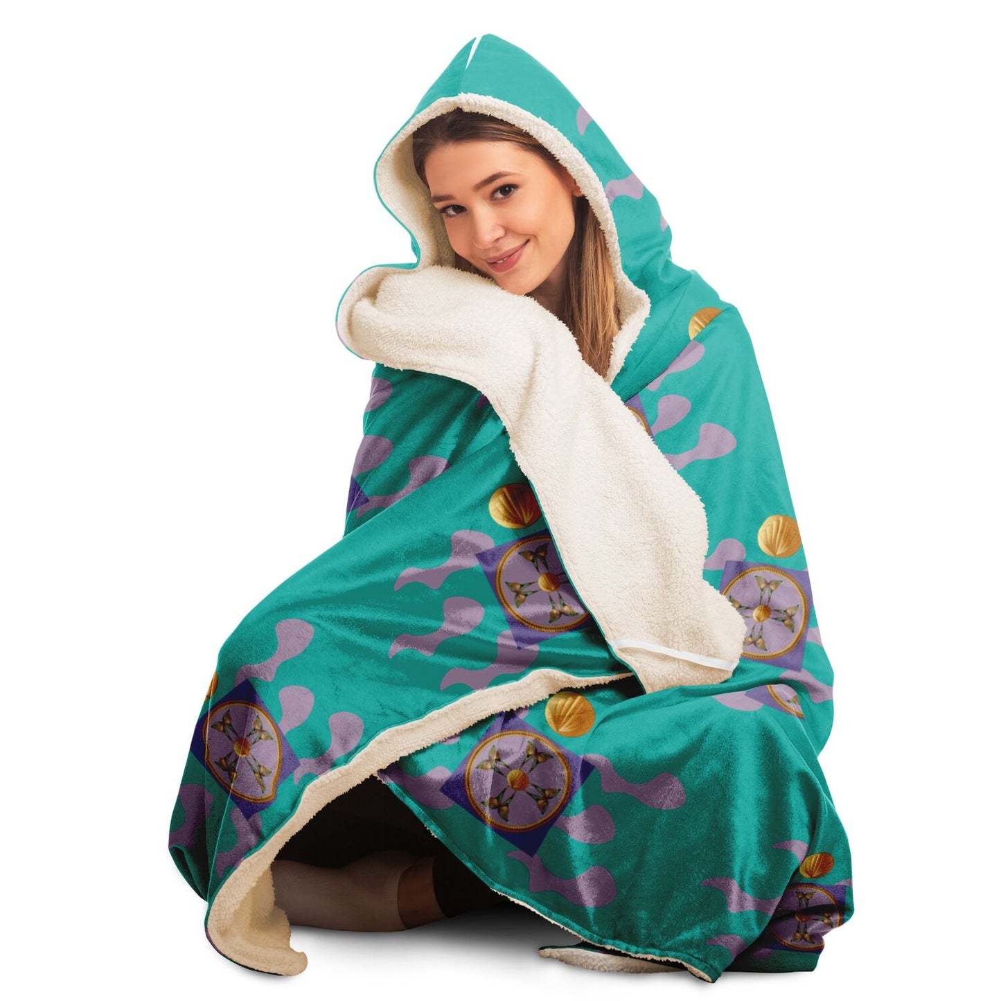 Hooded Blanket - AOP Mandala No 19 Golden Moth Pattern on Turquoise