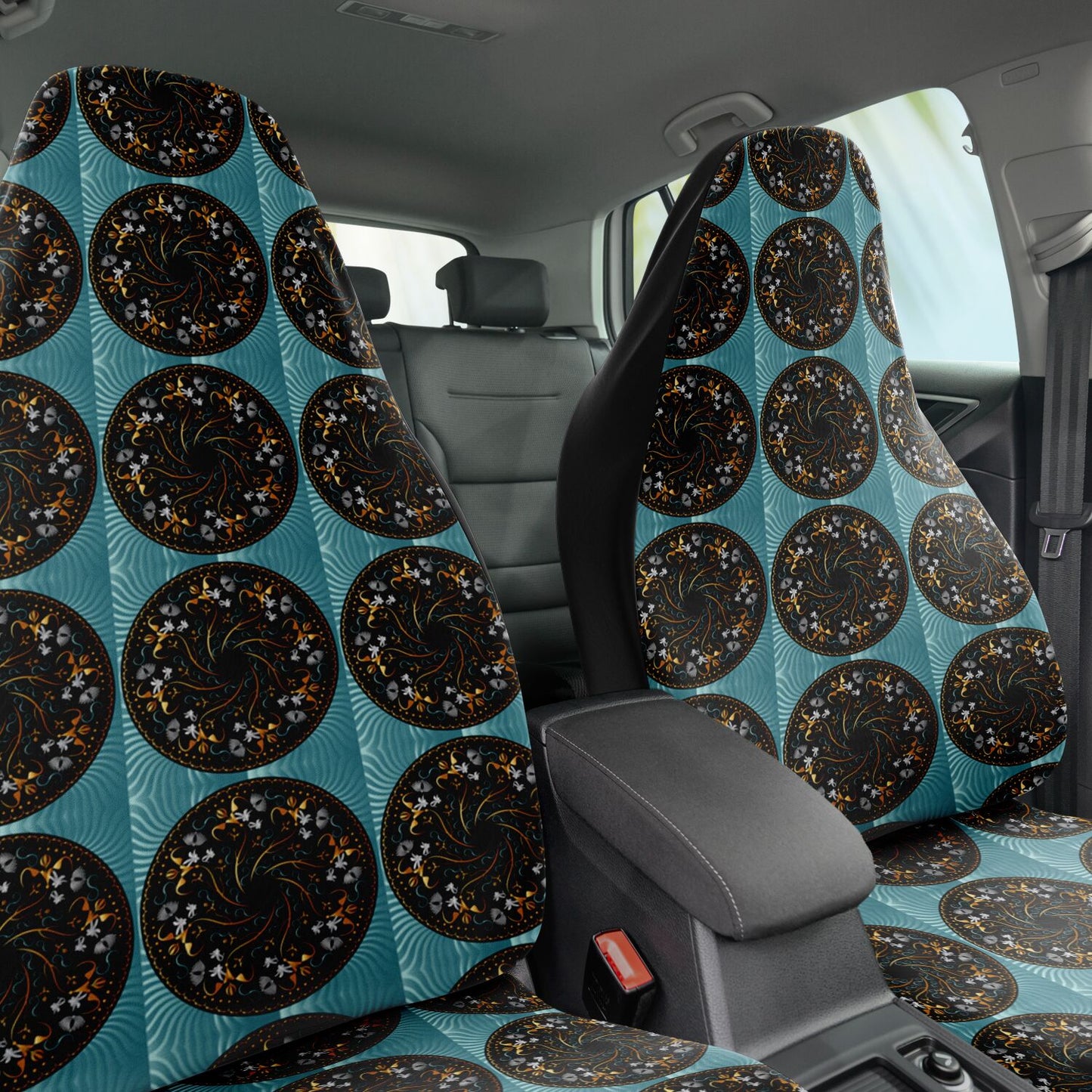 Car Seat Cover - AOP  Kukloso No 155 Mandala design, Aqua-Black on Black - Free Shipping