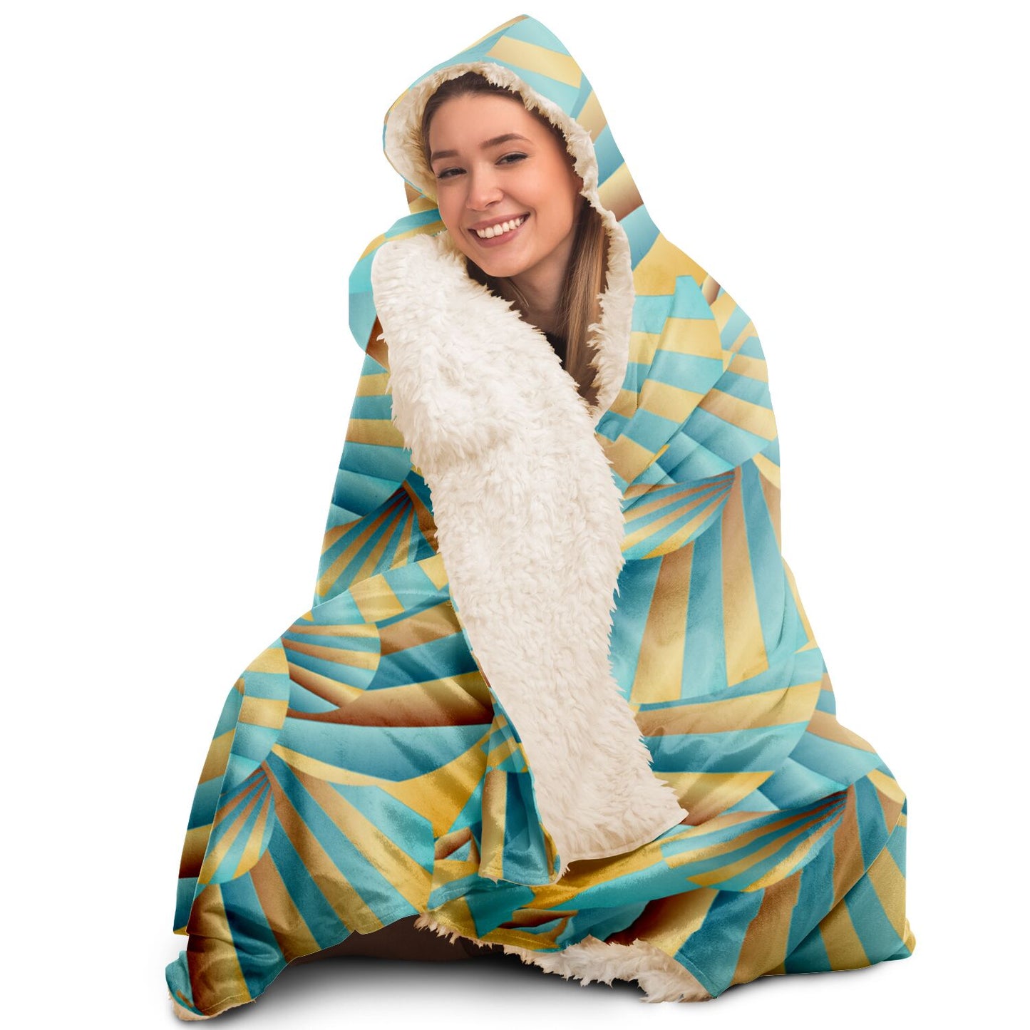 Hooded Blanket - AOP Kukloso Abstractical No 269 Aqua, Gold Shapes - Free Shipping