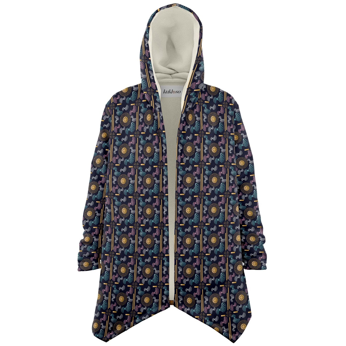 Microfleece Cloak - AOP Kukloso Whimsical No 99 Aqua, Gold, Silver, Pink on Black - Free Shipping