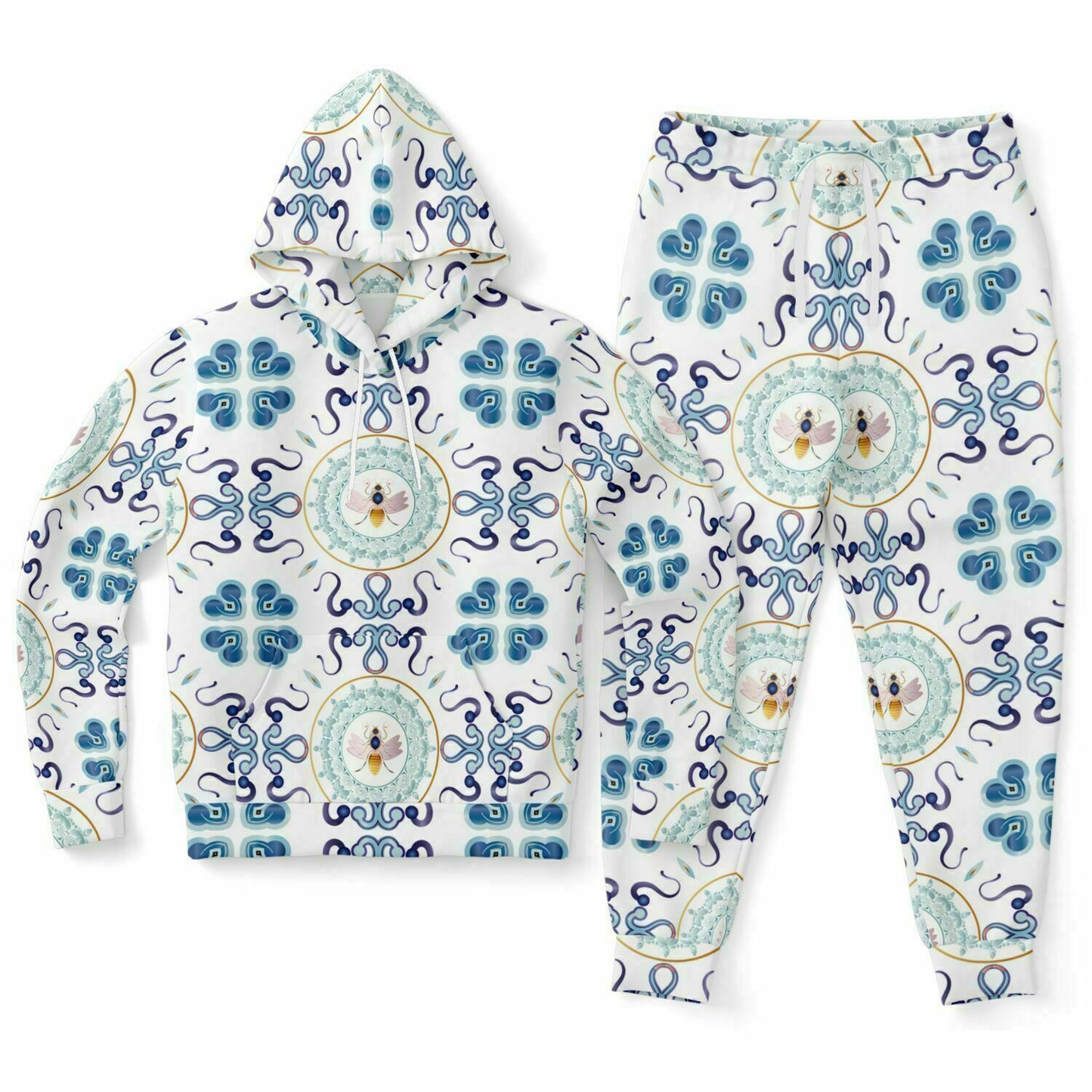 Athletic Hoodie & Jogger - AOP Kukloso No 154 Honey Bee Mandala Design, Aqua-Blue on White - Free Shipping