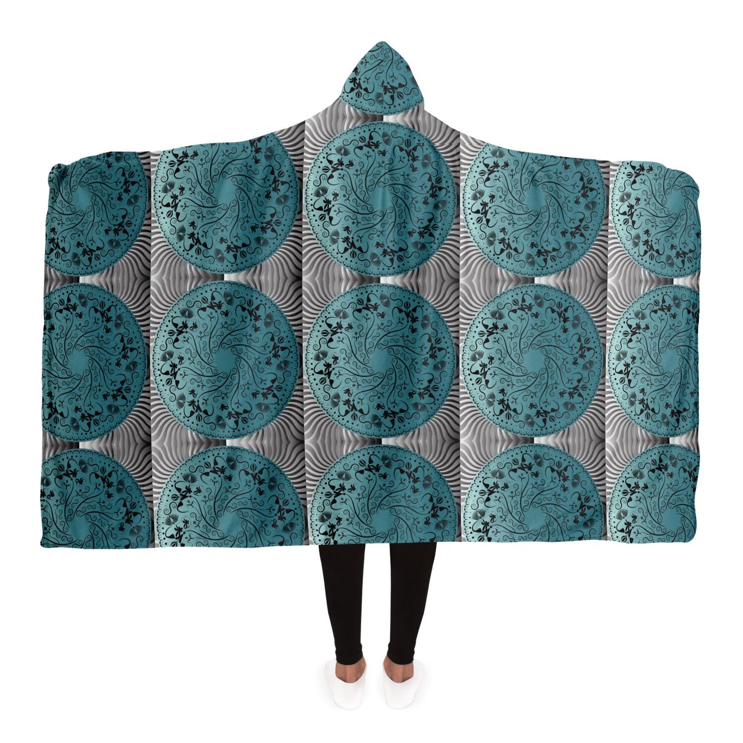 Hooded Blanket - AOP Mandala No 155 No 4 Aqua, Black Design on Patterned Silver