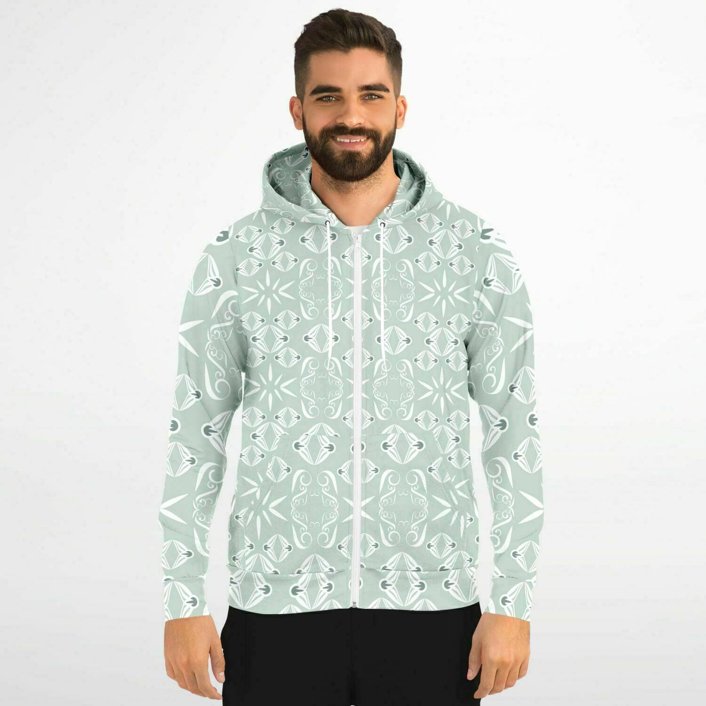 Fashion Zip-Up Hoodie - AOP  Kukloso Abstractical No 43 Sage on White - Free Shipping