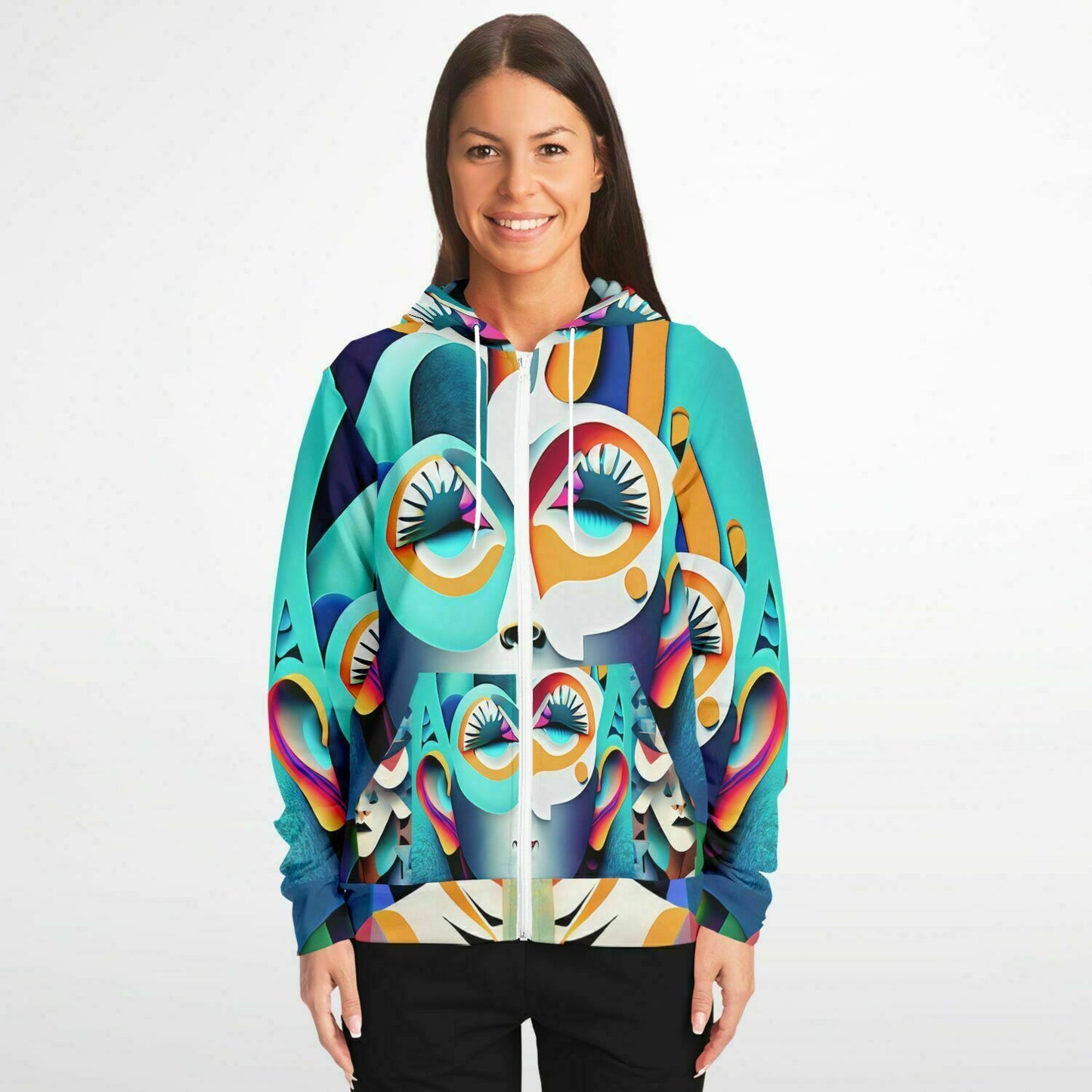 Fashion Zip-Up Hoodie - AOP Kukloso Cubist Faces No 7 Multicolored - Free Shipping