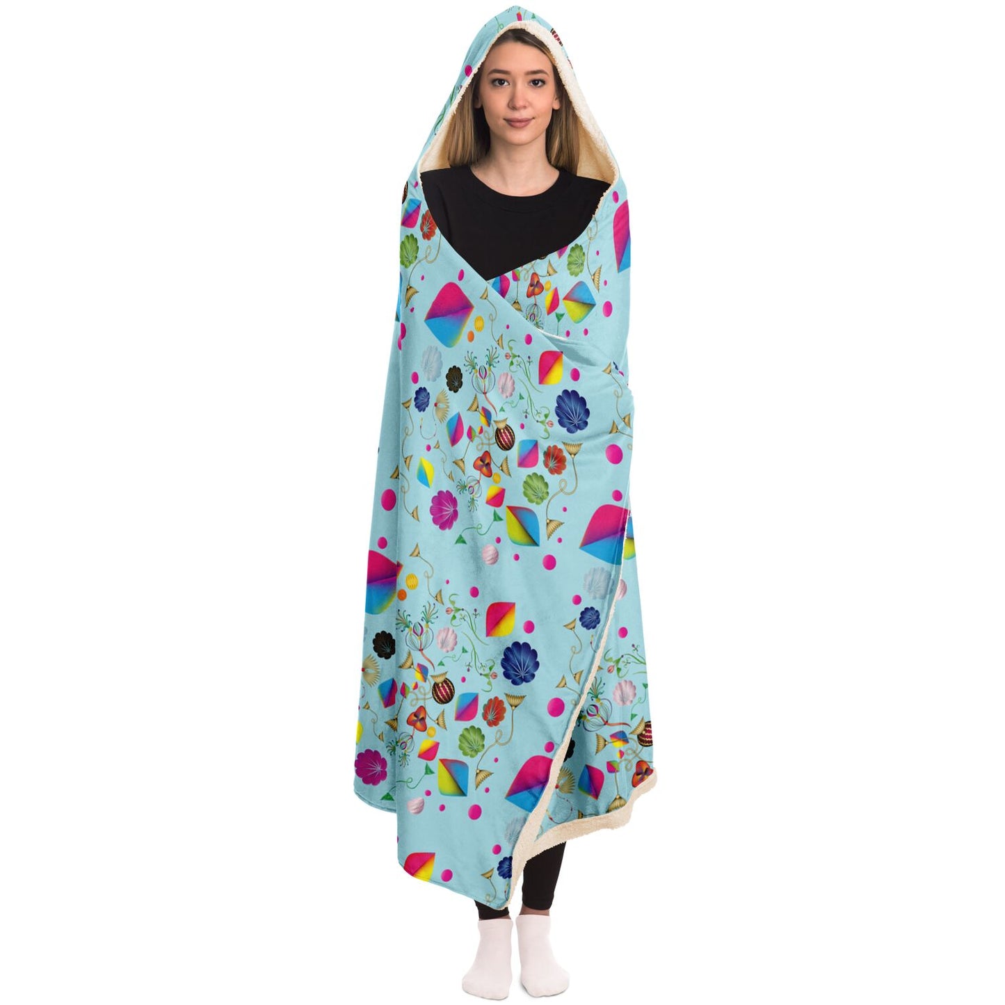 Hooded Blanket - AOP Kukloso Abstractical No 24 Happy Shapes & Florals on Aqua - Free Shipping