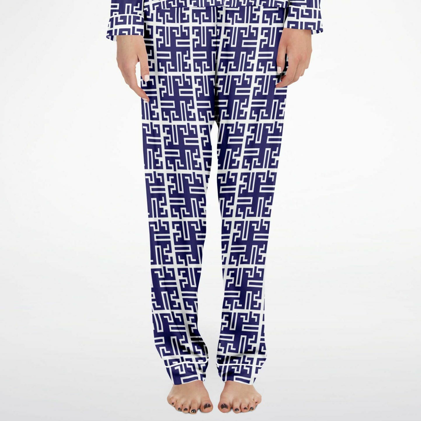 Women's Satin Pajamas - AOP Kukloso Greek Border No 54 Navy on White - Free Shipping