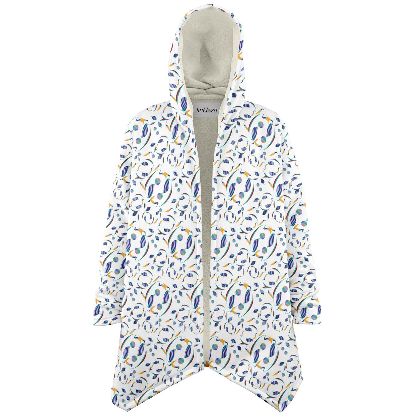 Microfleece Cloak - AOP  Kukloso Whimsical No 80 Abstract shapes, Aqua, Navy Yellow on White - Free Shipping