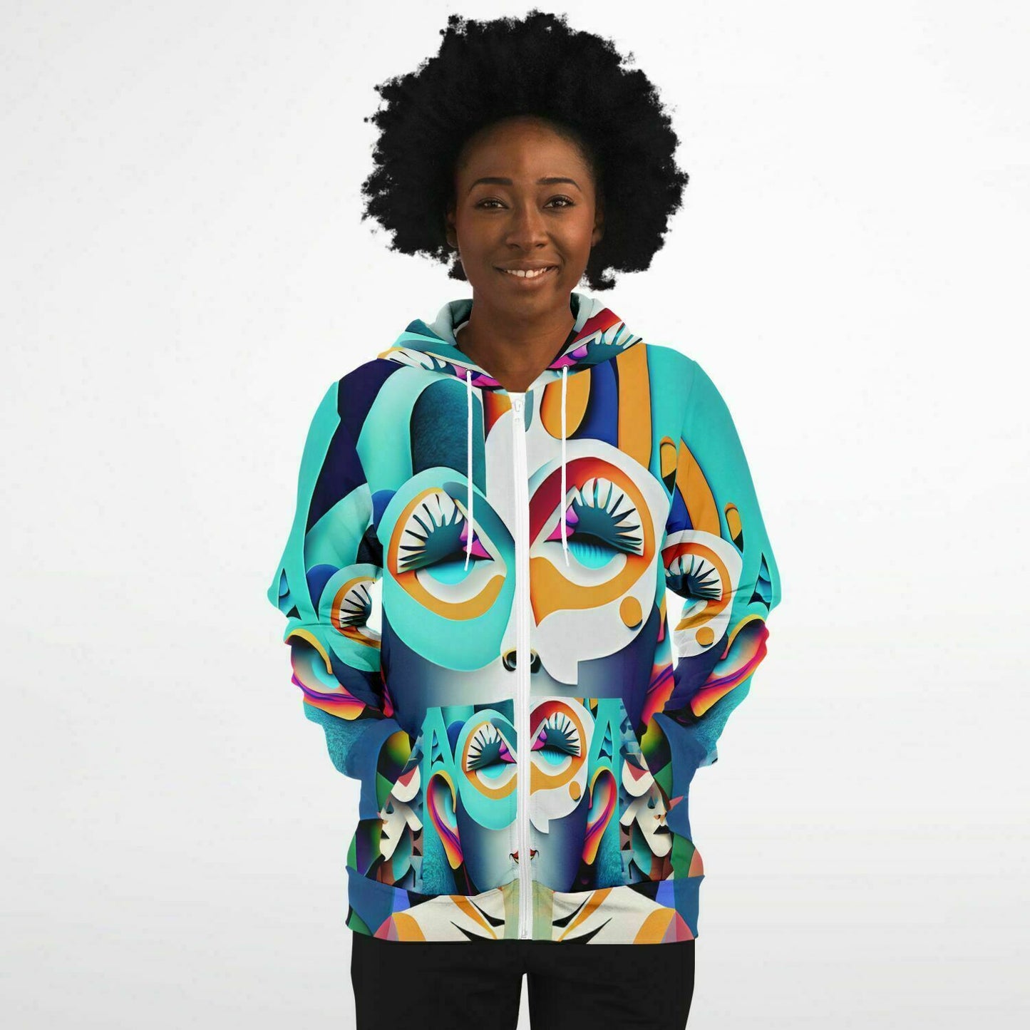 Fashion Zip-Up Hoodie - AOP Kukloso Cubist Faces No 7 Multicolored - Free Shipping