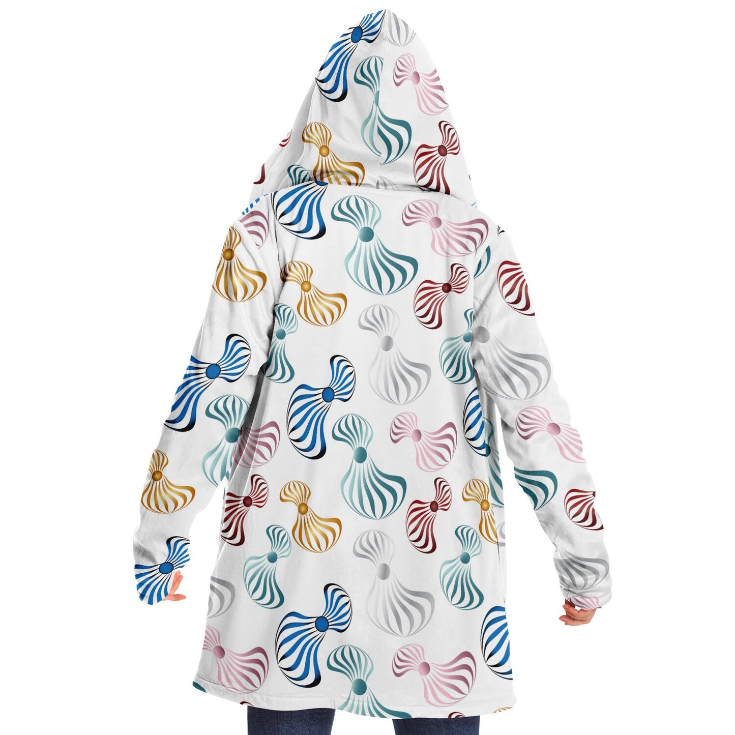 Microfleece Cloak - AOP  Kukloso Whimsical No 74 Aqua, Copper, ink, Gold on White - Free Shipping