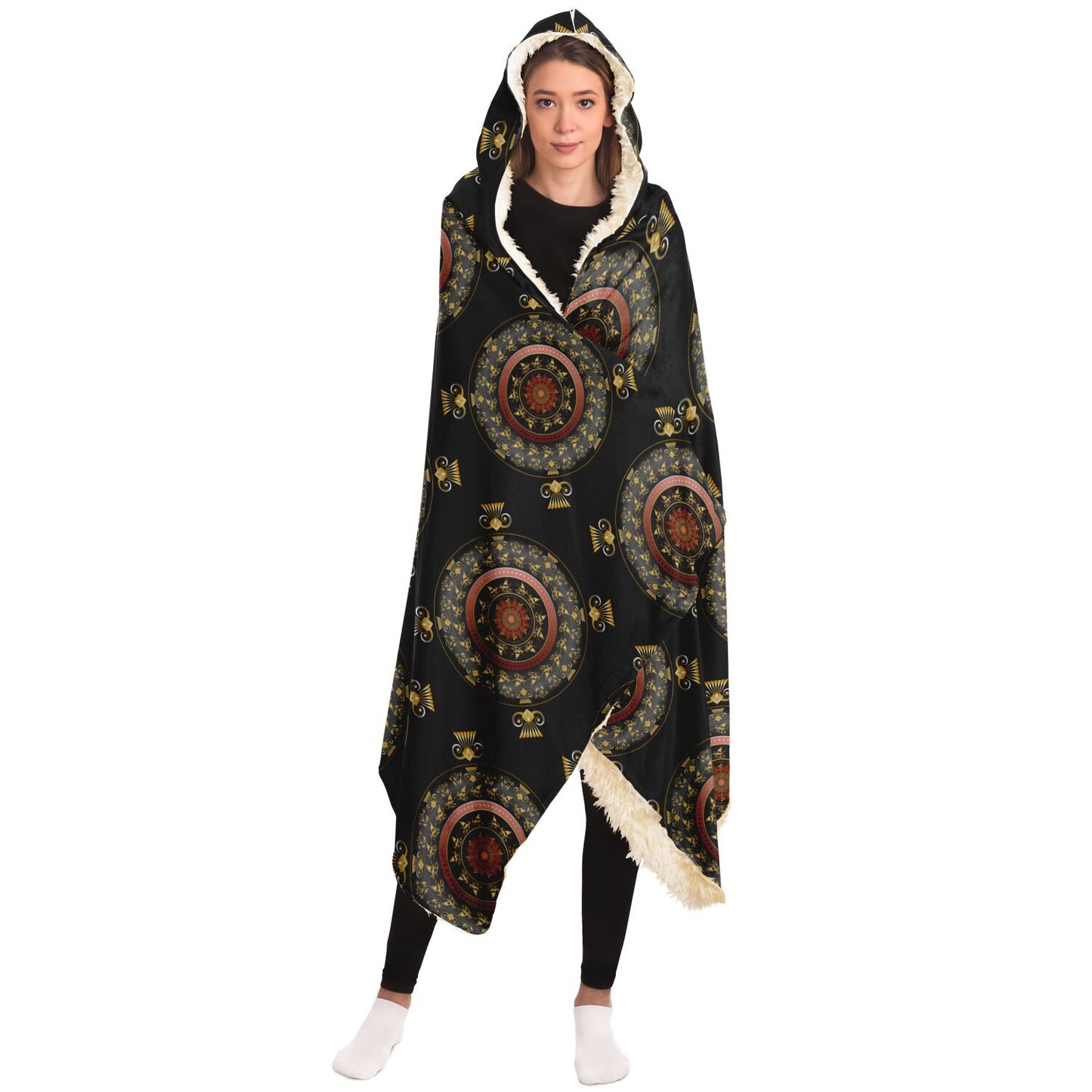 Hooded Blanket - AOP Mandala No 27 Intricate, Gold, Silver, Copper on Black