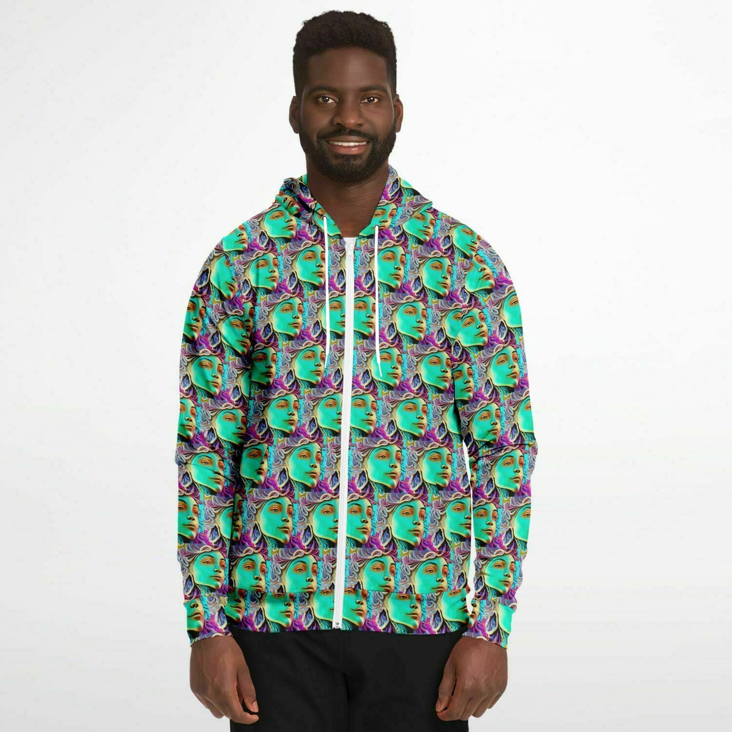 Fashion Zip-Up Hoodie - AOP Kukloso Cubist Faces No 4 Green - Free Shipping - Free Shipping