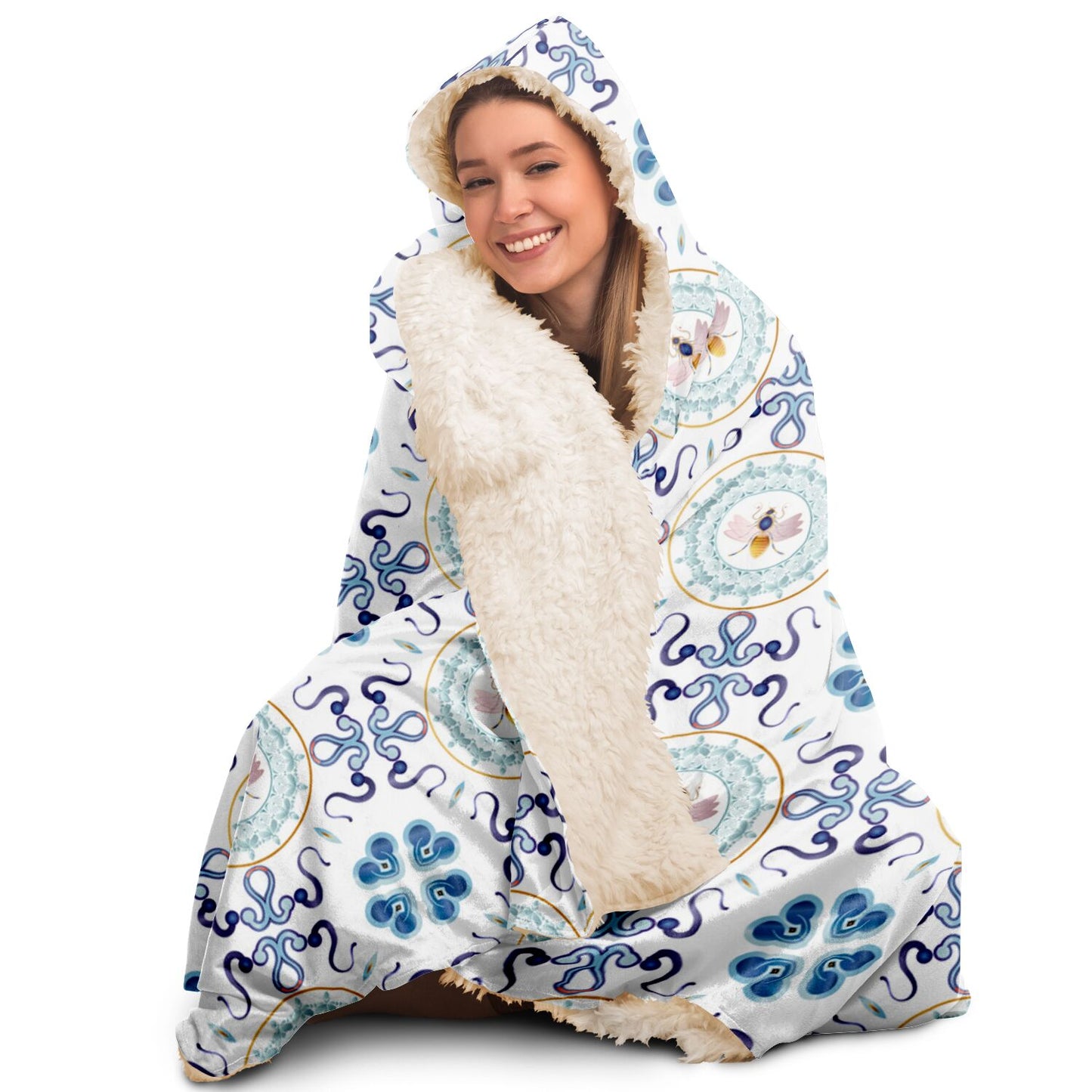 Hooded Blanket - AOP Mandala No 154 No 3 Aqua & Blue on White