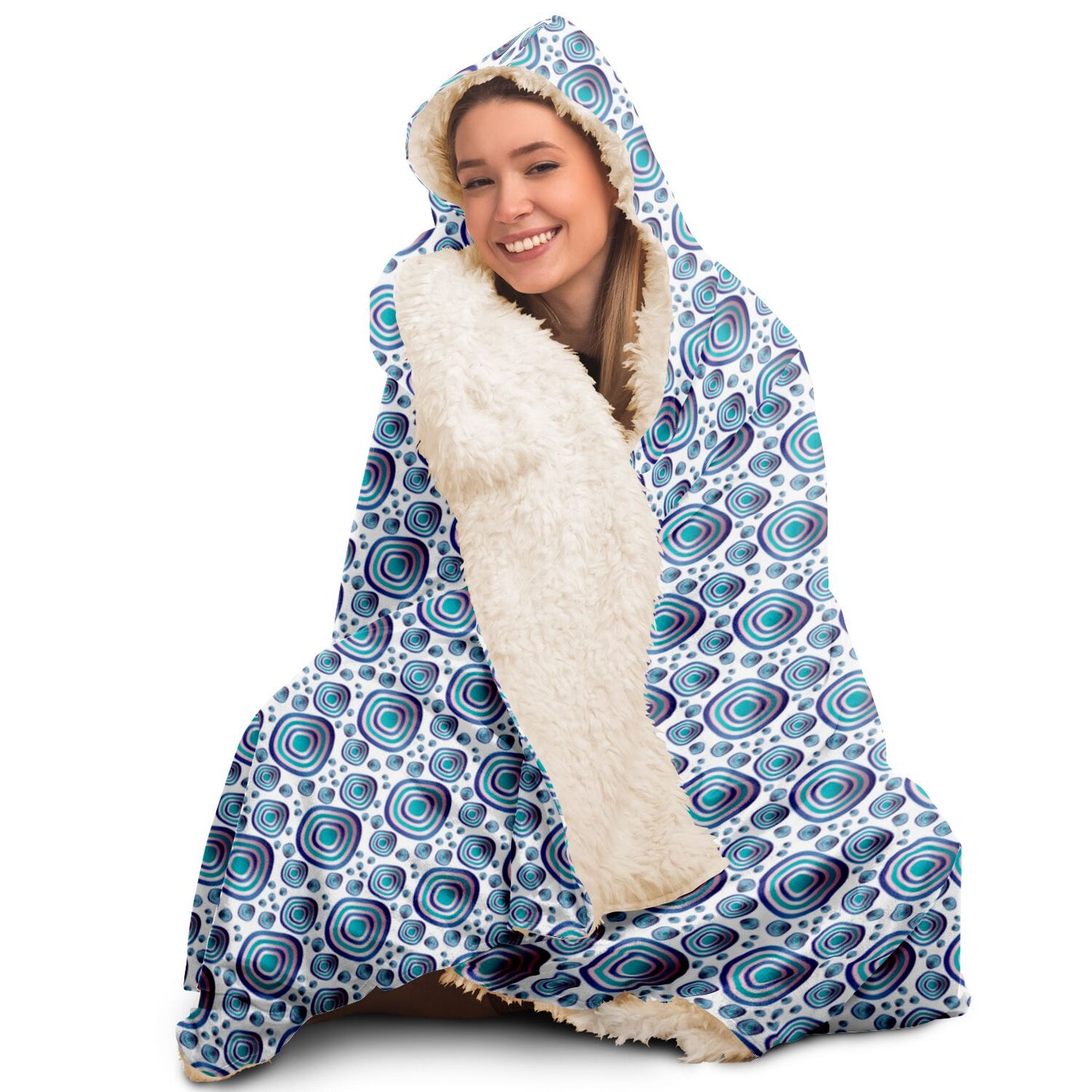 Hooded Blanket - AOP Kukloso Abstractical No 96 Aqua, Blue, Pink Shapes on White - Free Shipping