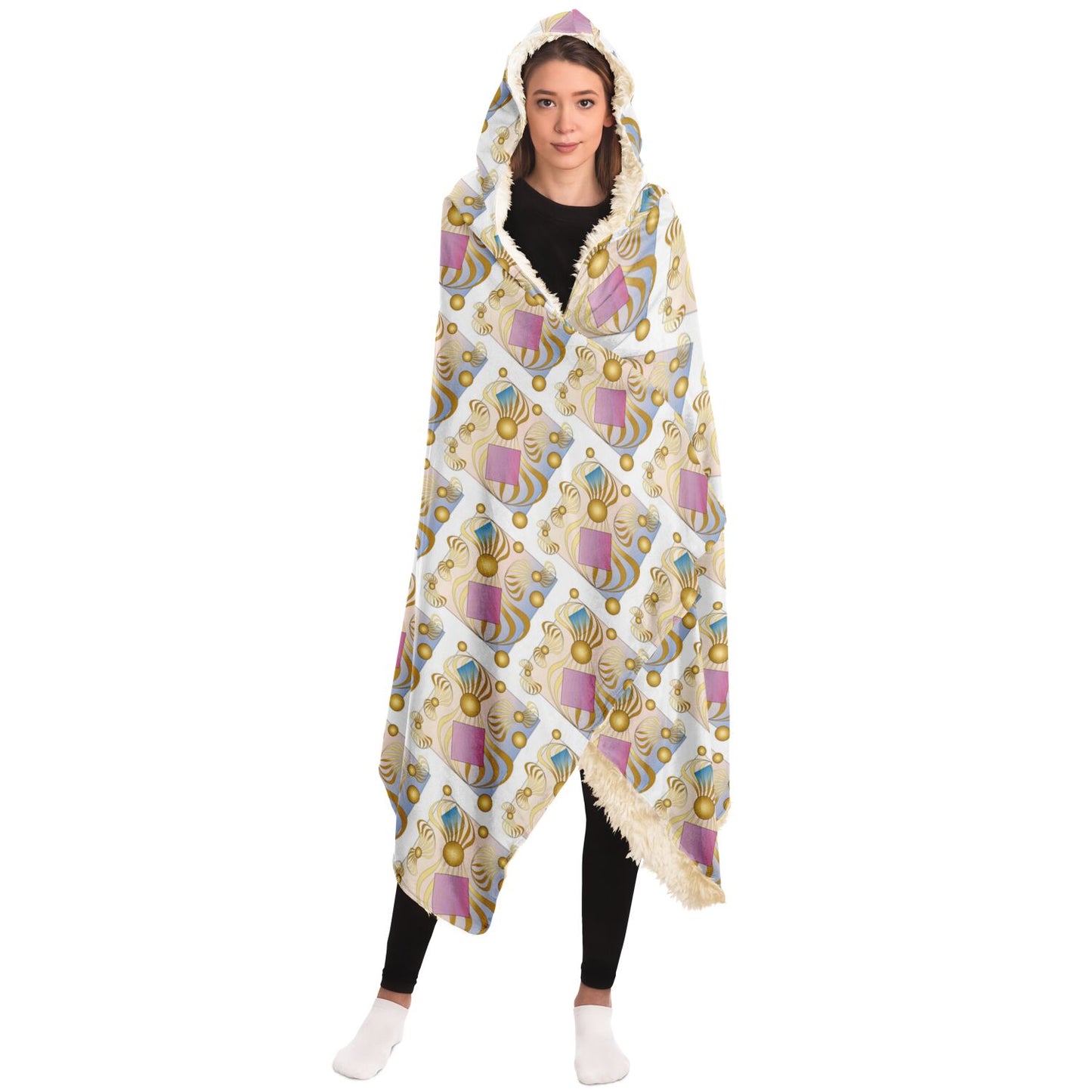 Hooded Blanket - AOP Kukloso Abstractical No 214 Blue, Pink, Gold Shapes on White - Free Shipping