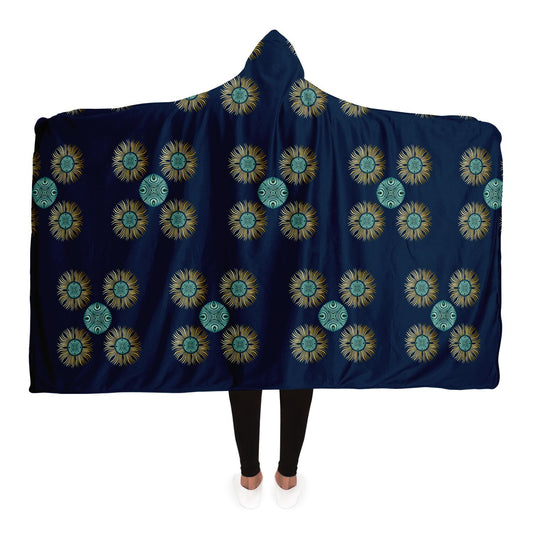 Hooded Blanket - AOP Mandala No 8 Gold, Aqua on Dark Teal