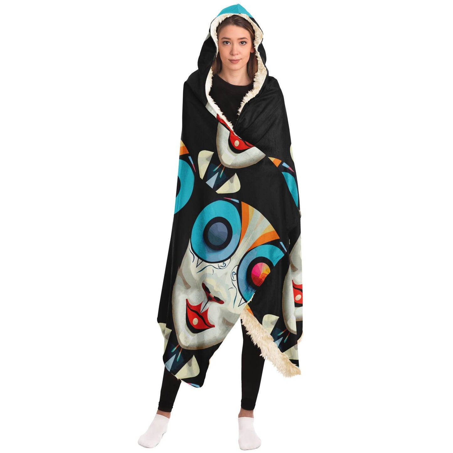 Hooded Blanket - AOP Kukloso Cubist Faces No 12 Black Bkgd - Free Shipping