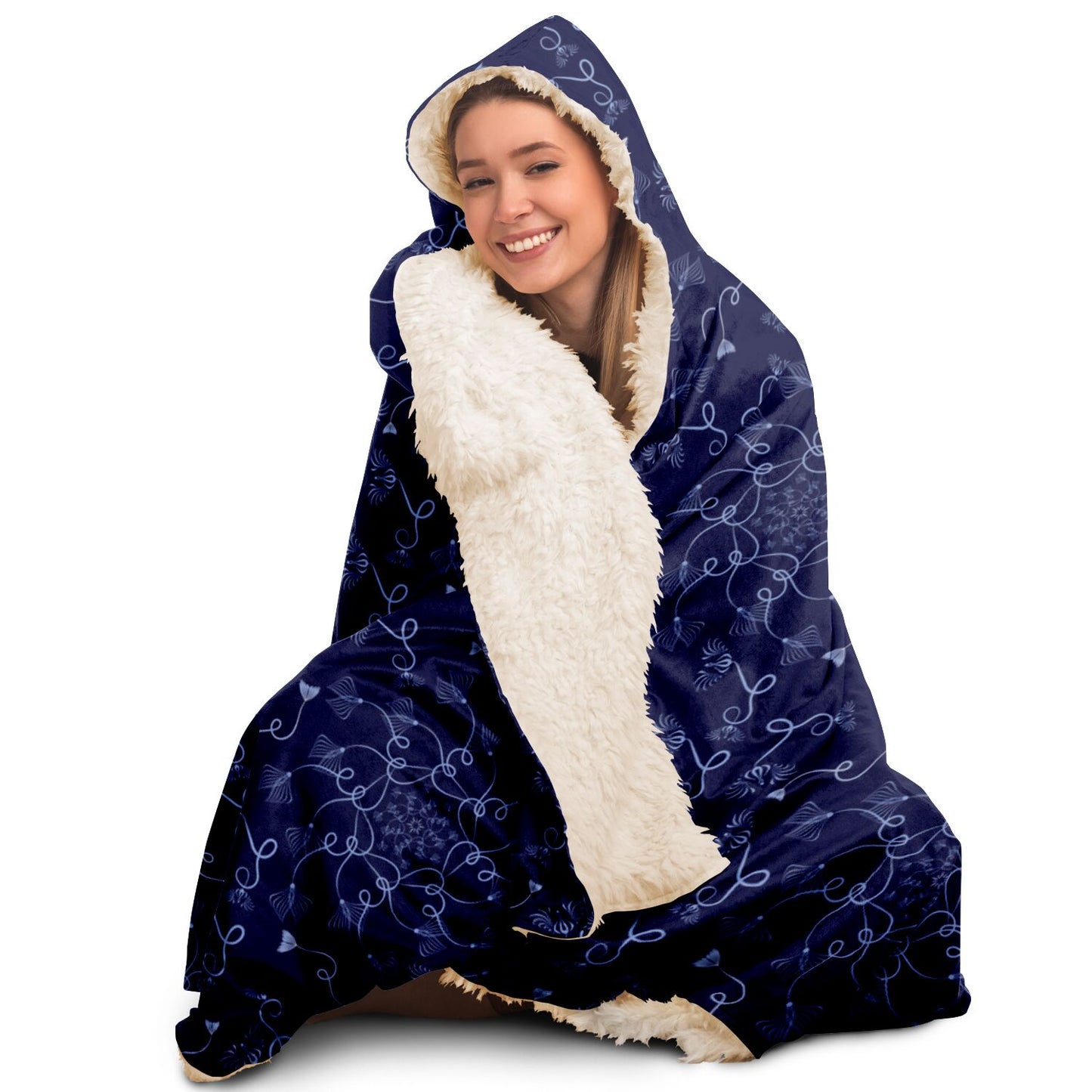 Hooded Blanket - AOP Kukloso Abstractical No 19 Periwinkle Florals on Dark Navy - Free Shipping