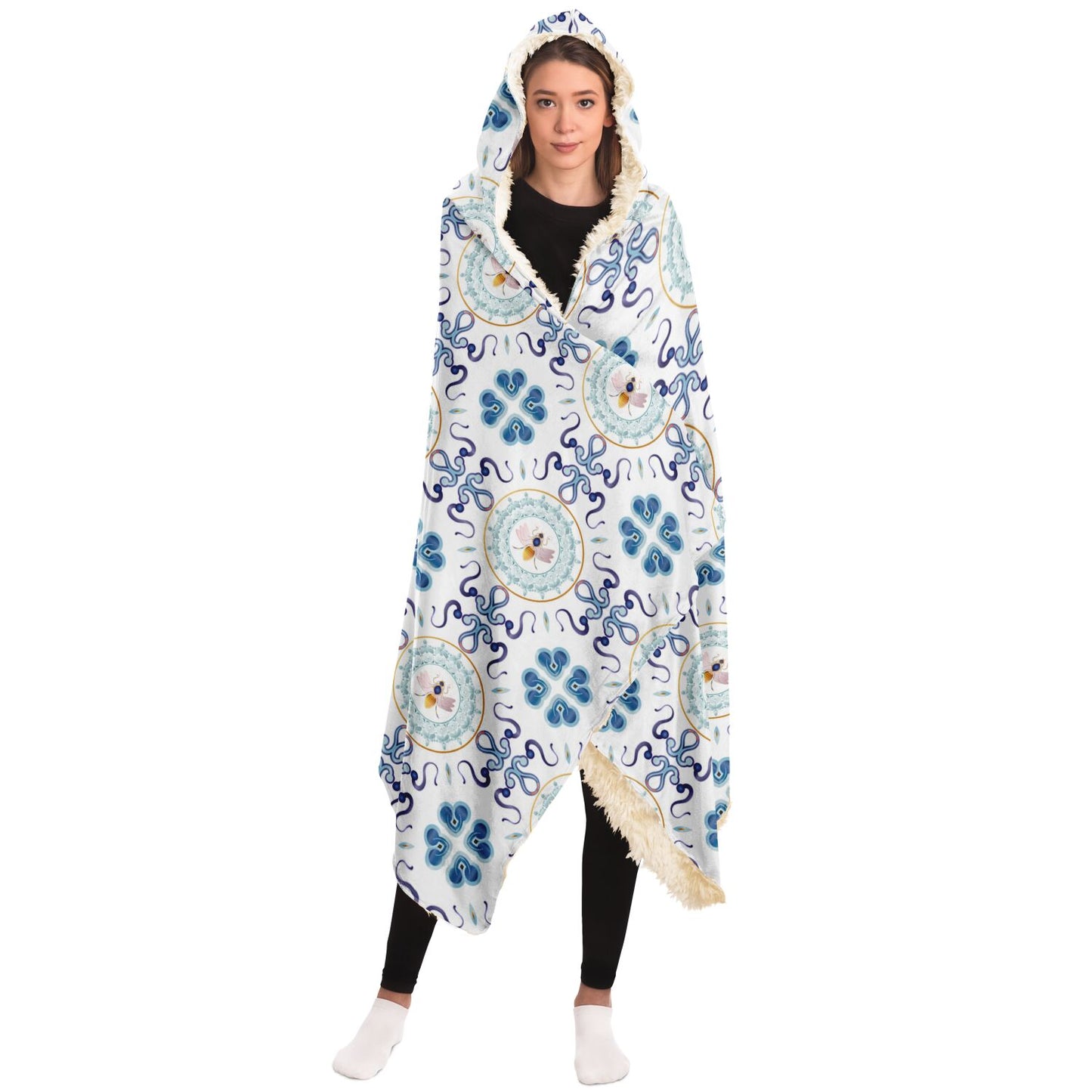 Hooded Blanket - AOP Mandala No 154 No 3 Aqua & Blue on White