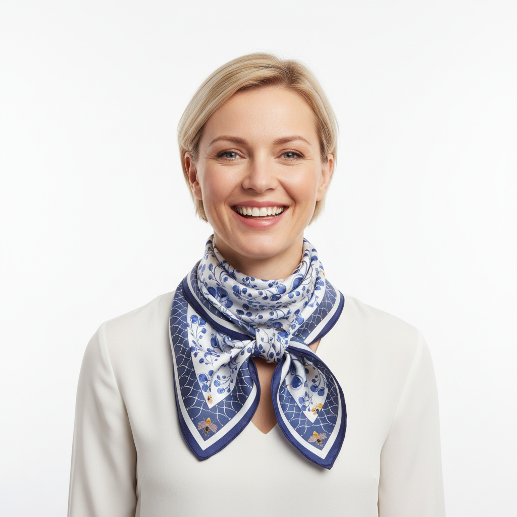 100% Silk Charmeuse Square Scarf Blue Abstract Florals No 3