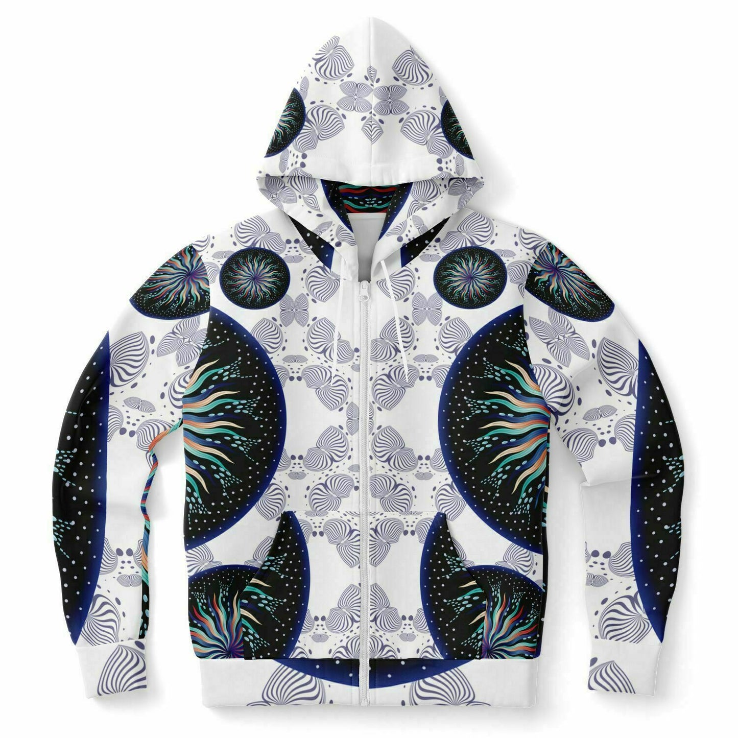 Fashion Zip-Up Hoodie - AOP Kukloso Mandala No 5A Multicolored Combo, Navy on White - Free Shipping