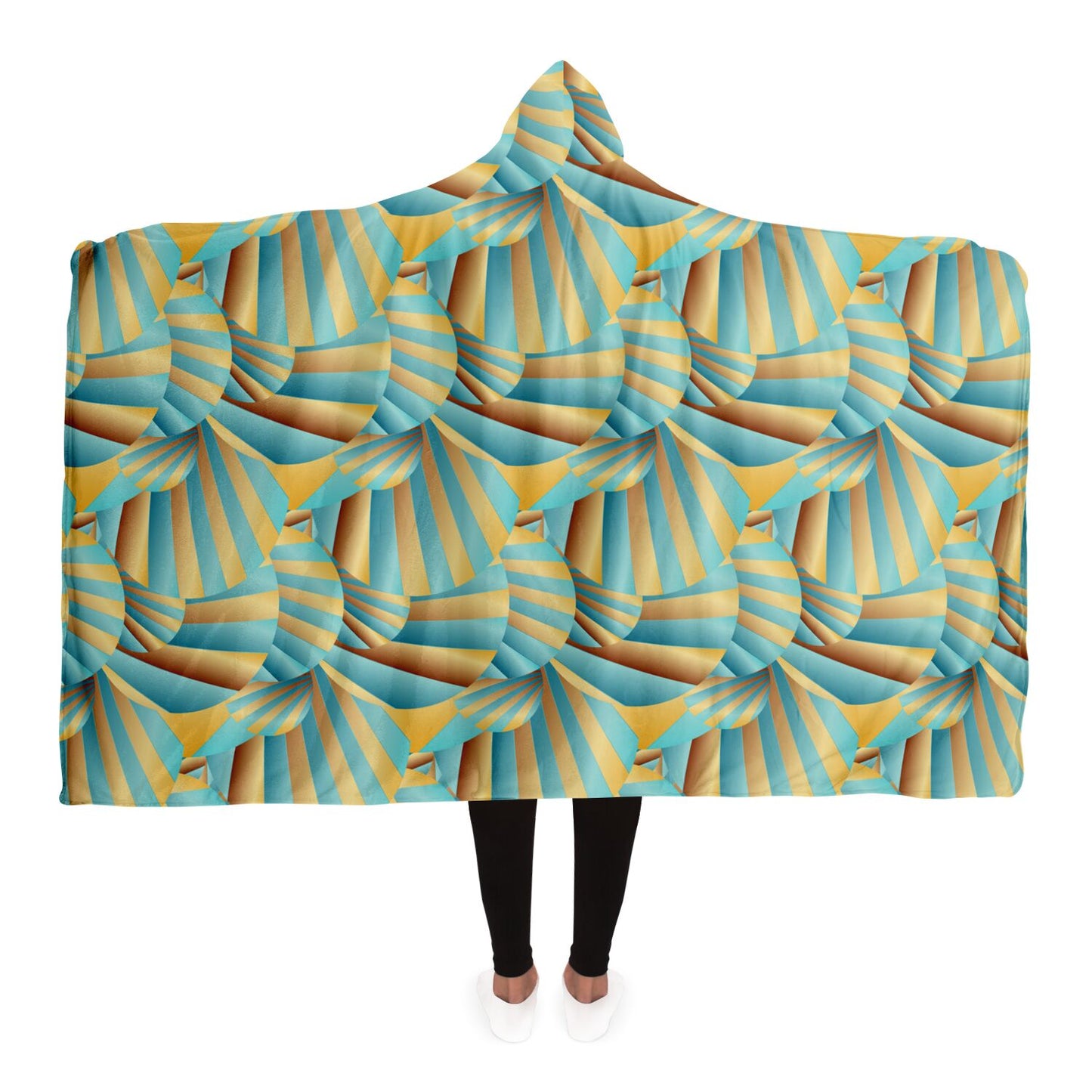 Hooded Blanket - AOP Kukloso Abstractical No 269 Aqua, Gold Shapes - Free Shipping