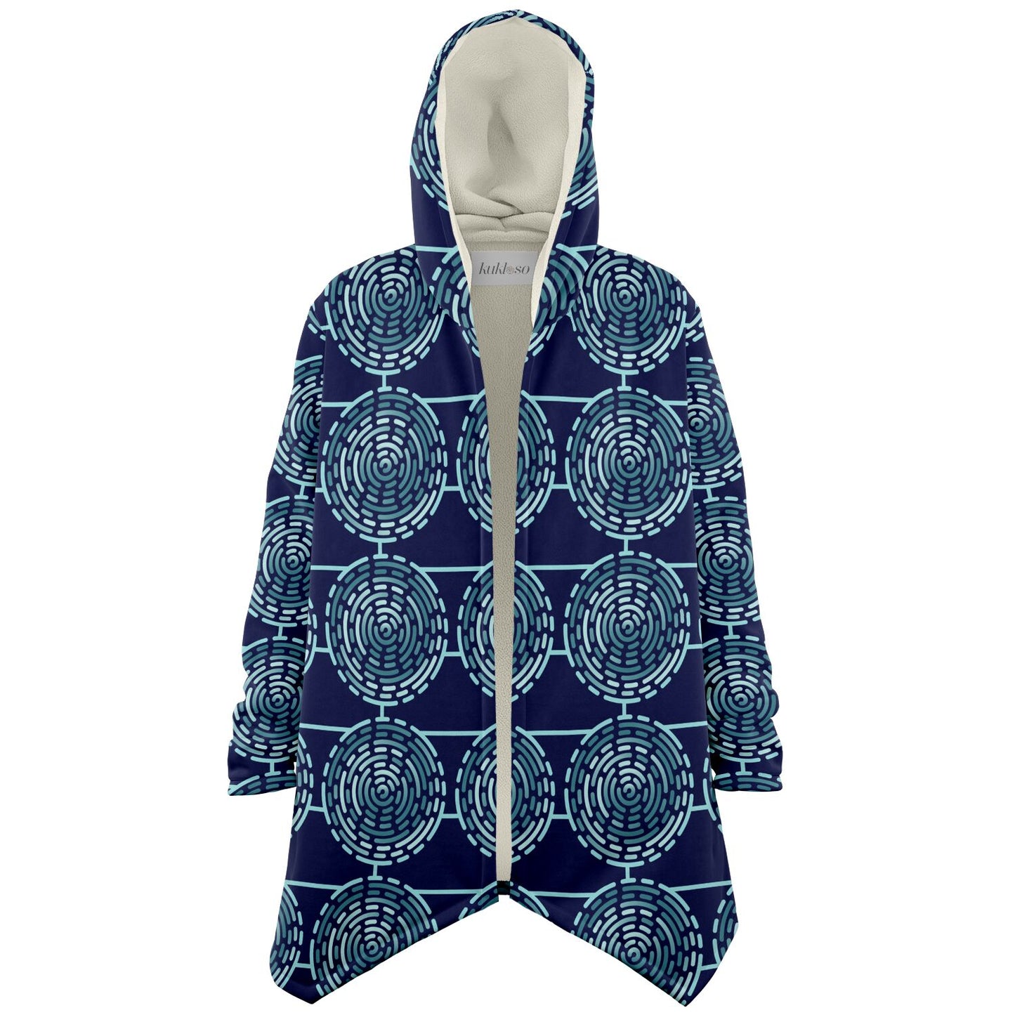 Microfleece Cloak - AOP Kukloso Whimsical No 67 Aqua colored Mandala design on Navy - Free Shipping