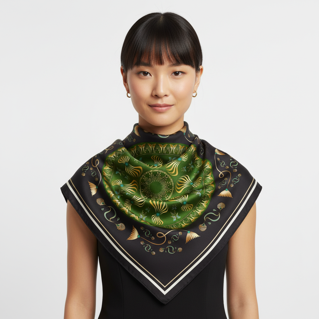 100% Silk Charmeuse Square Scarf Mandala in Green with Butterflies