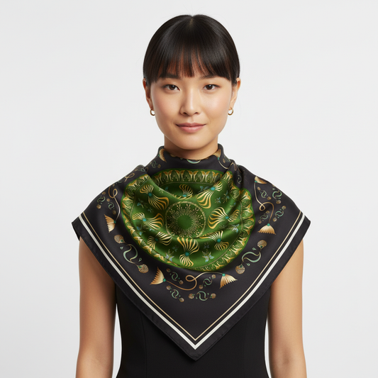 100% Silk Charmeuse Square Scarf Mandala in Green with Butterflies