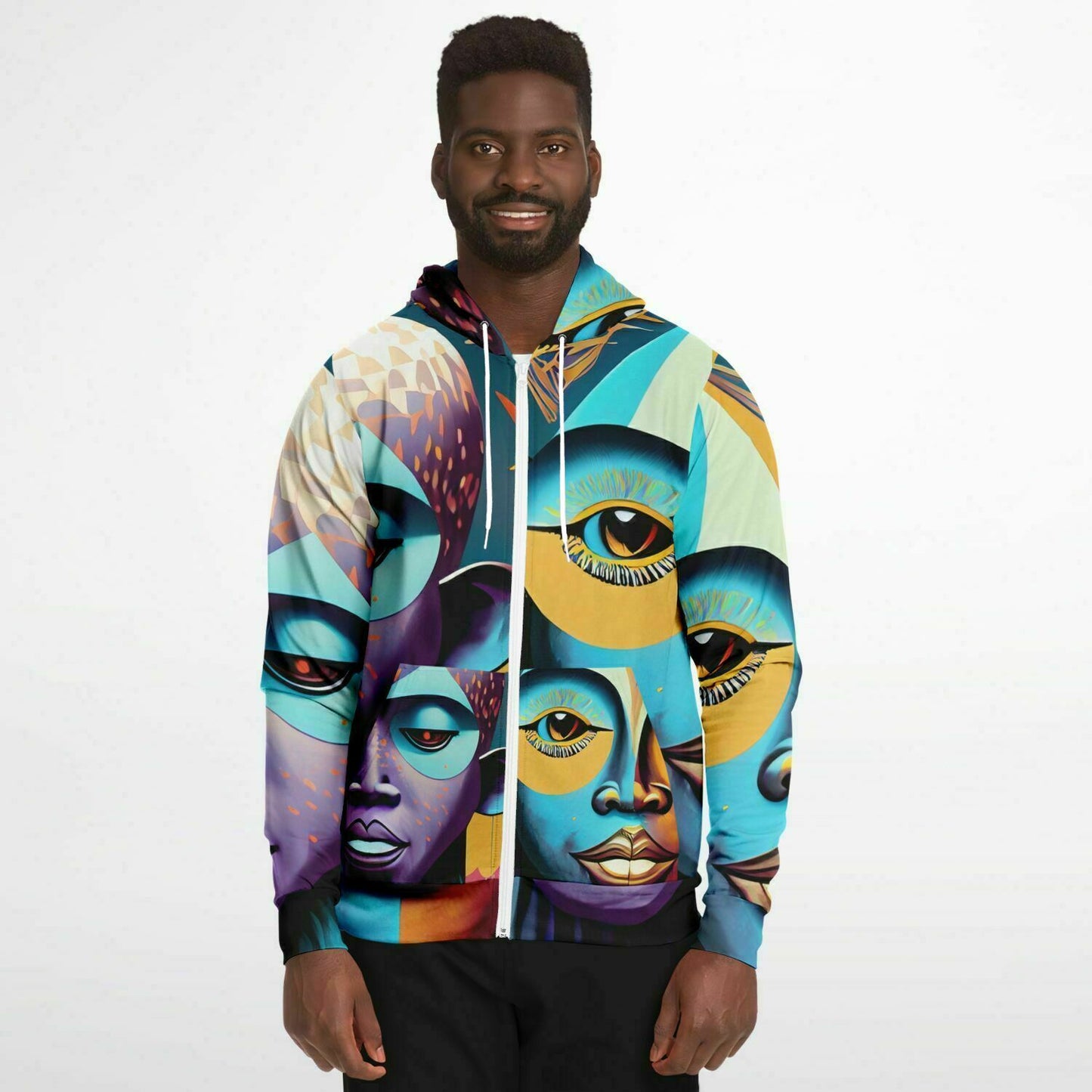 Fashion Zip-Up Hoodie - AOP Kukloso Cubist Faces No 2 Multicolored - Free Shipping