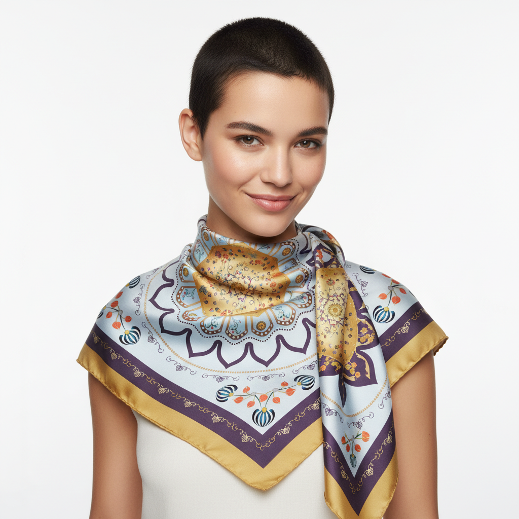 100% Silk Charmeuse Square Scarf Modern Mandala Aqua Gold No 2