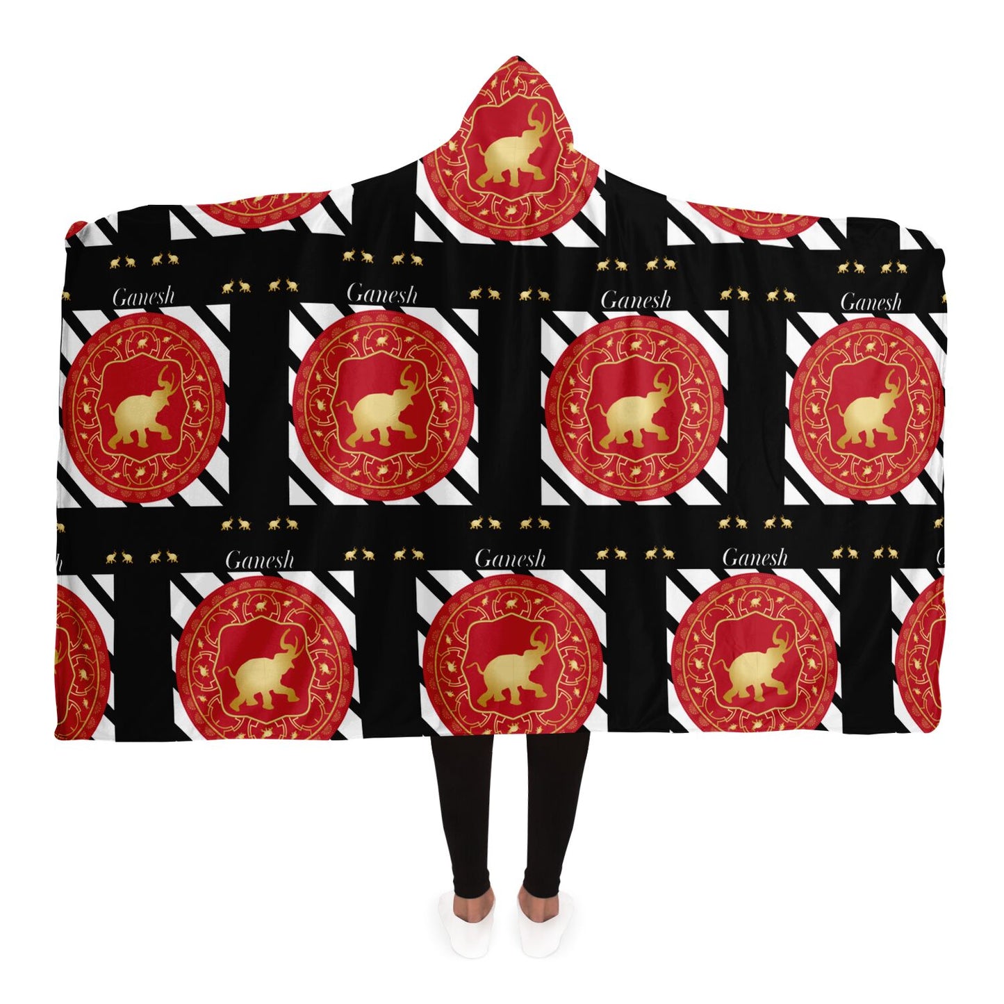 Hooded Blanket - AOP Mandala No 80 Black, White, Red, Gold Ganesh on Black